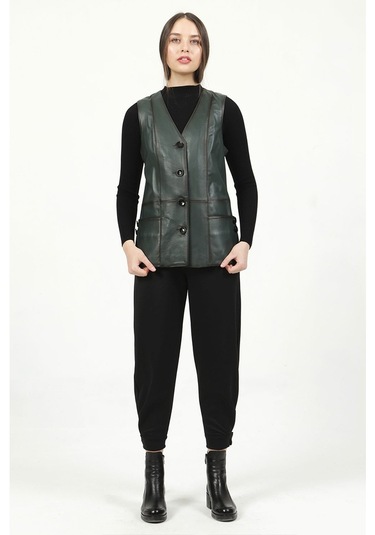 Dericlub Yb-2017 Gerçek Deri Kadın Yelek Yeşil