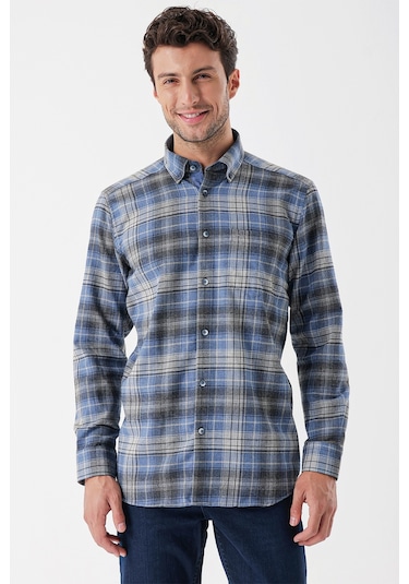 Koyu Mavi Uzun Kollu Ekoseli Gabardin Sert Yaka Cepli Garnili Casual Comfort Fit Gömlek 1004235112-koyu Mavi Koyu Mavi