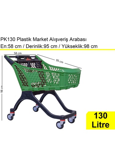 Pk130 Plastik Market Alışveriş Arabası 130 Litre Yeşil / En:58 Boy:95 Yükseklik:98 Cm