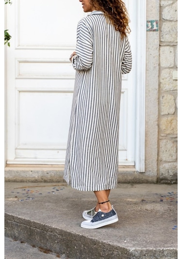 Uzun Kol Bilek Boy Gömlek Yaka Boy Çizgili Göğüs Geniş Cep Detaylı Elbise