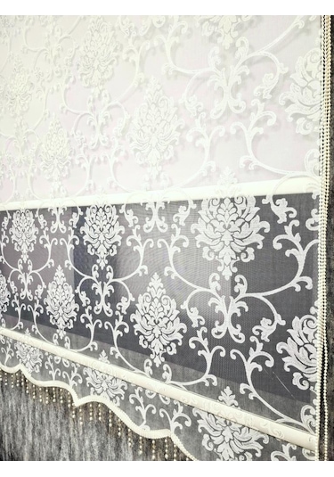 Bbb Simli Boncuklu Damask Desenli Çift Mekanizmalı Tül Stor Perde Ekru Mt1018sb Ekru
