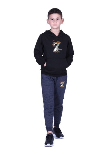 Kapüşonlu Kanguru Cepli California Baskılı Erkek Çocuk Eşofman Takımı Siyah - Füme