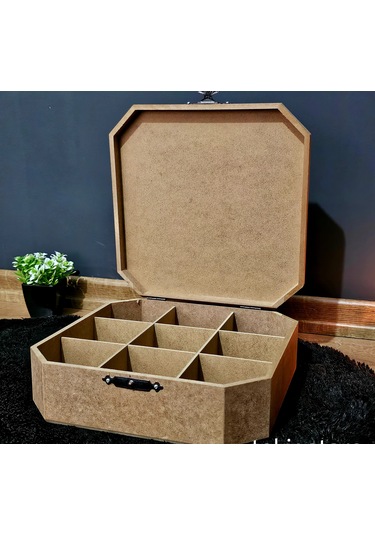 Ahşap Sekizgen Kare Model 9 Bölmeli Aksesuar Kutusu Ham Boyanır
