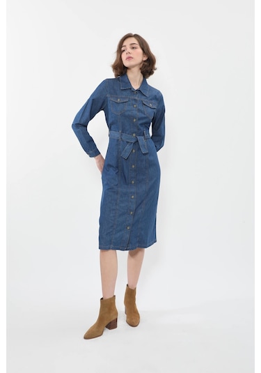 Banny Jeans Kadın Önden Düğmeli Kemerli Jean Elbise Koyu Mavi