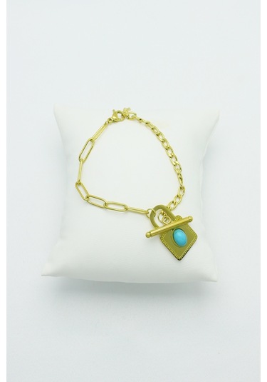 Altın Kaplama Seri Kararmaz Turkuaz Taşlı Kilit Çelik Bilek Gold Altın