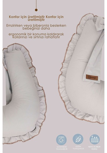 Mordesign Fırfırlı Emzirme Yastığı, Bebek Destek Minderi, Hamile Yastığı, Pamuk Kumaş, Ruffle Seri, Gri Zg10198