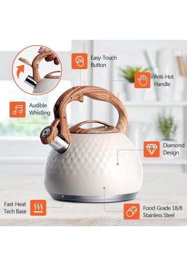 Valkyrie Modern Tasarım Düdüklü Kettle 3l Paslanmaz Çelik Ergonomik Su Isıtıcı Çaydanlık Islıklı Krem