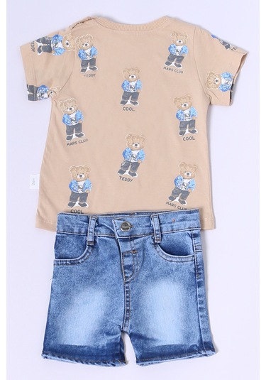 Erkek Bebek Şortlu Takım Kot Şortlu Çıtçıt Detaylı Baskılı B26 Bej