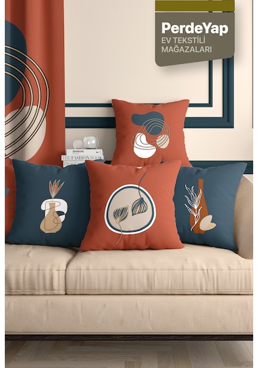 Lacivert Kiremit Sürrealist Çiçekler Desenli 4lü Kırlent Kılıfı