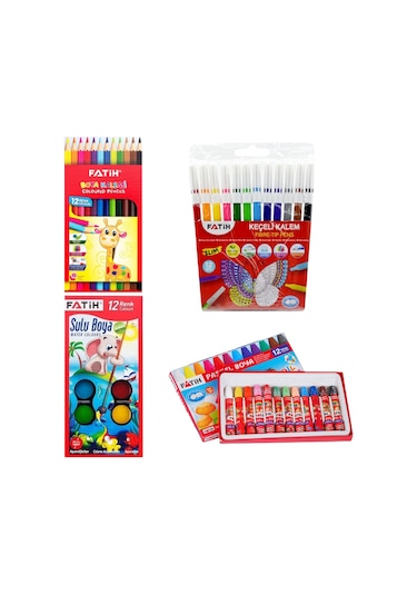 Fatih 4'lü Boya Seti - 12'li Kuru, Keçeli, Sulu ve Pastel Boya