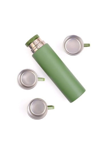 304 Paslanmaz Çelik 3 Bardaklı Termos Seti Çay Kahve Piknik Kamp Yeşil Yeşil