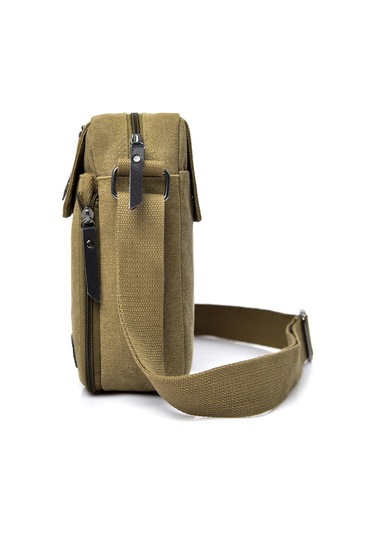 Erkek Kanvas Küçük Postacı Çantası Günlük Omuz Çantası Göğüs Çantası Seyahat Tote Çantası, Çok Cepli El Çantası, Haki Renk