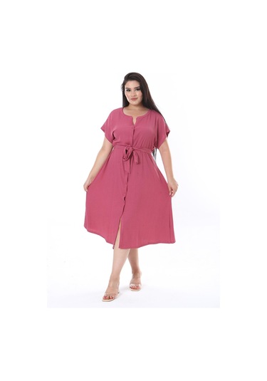 Kadın Büyük Beden Gül Kurusu Bürümcük Kumaş Ön Boy Düğmeli V Yakalı Elbise 65n38316-gül Kurusu Gül Kurusu