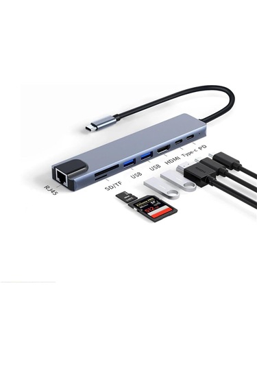 8-in-1 Type-c Çoklu Hub Adaptör Dönüştürücü Hdmı 4k, Usb 3.0, Sd/tf Kart Okuyucu, Pd Şarj, Rj45 Ethernet Laptop Ve Tablet Uyumlu