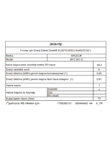 Arçelik AFC 341 G Buhar Destekli Fırın