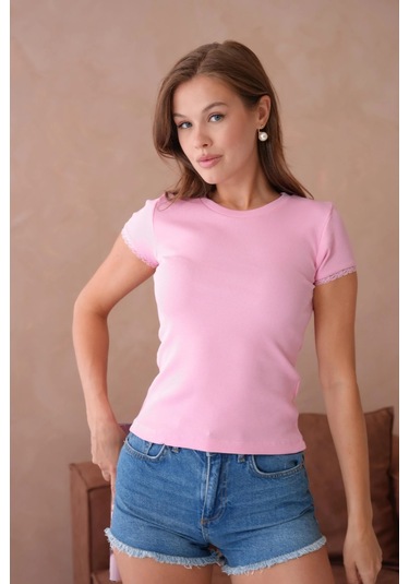 Dantel Detaylı Örme Body Bluz Pembe