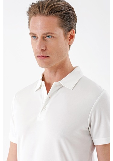 Slim Fit Düğmeli Polo Yaka Pamuklu Beyaz Tişört Ts 879 Beyaz