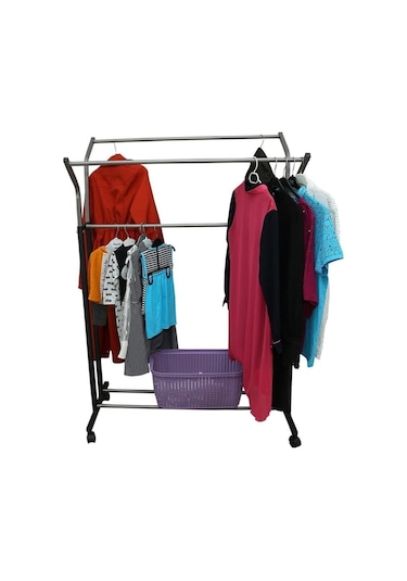 Teknor V Ayarlı Paslanmaz Metal Konfeksiyon Elbise Askılık Tekerlekli Portatif Askılık Siyah