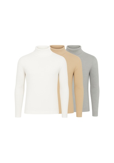 3'lü Paket Yarım Boğazlı Erkek Kazak Bej - Beyaz