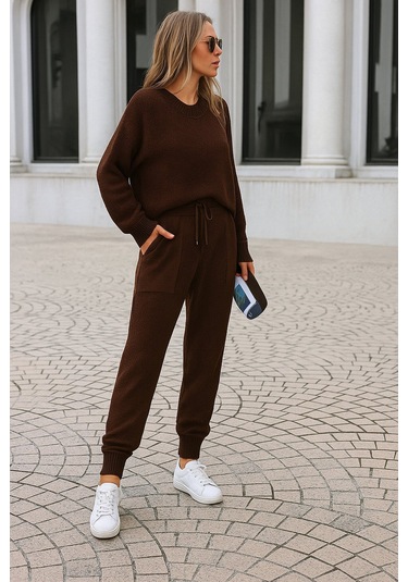 Kadın Rahat Kalıp Örgü Triko Tasarım Alt Üst Takım Acı Kahverengi