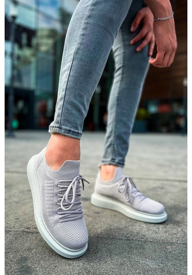 Pabucmarketi Bağcık Detaylı Triko Kumaş Erkek Spor Ayakkabı Gri Çok Renkli