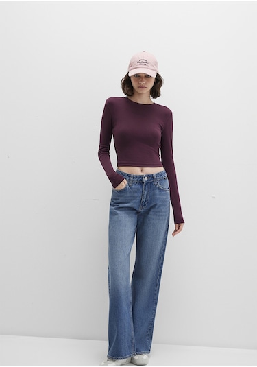 Mavi - Uzun Kollu Bordo Crop Basic Tişört 1612822-70434 Bordo
