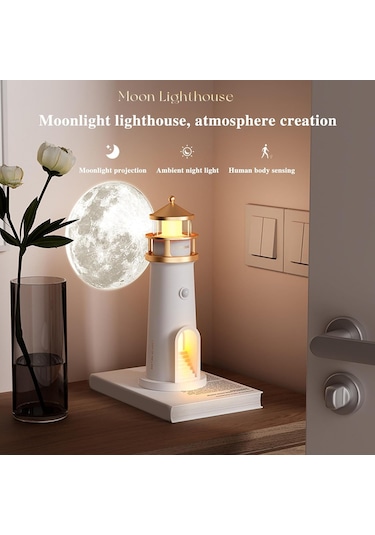 Tcherchi Led Deniz Feneri Ay Lambası Projektör Gece Lambası, Şarj Edilebilir Ay Işığı Projeksiyon Gece Lambası Sarı Işık