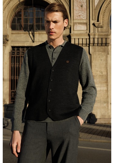Erkek V Yaka Düz Yün Yelek Antrasit Antrasit