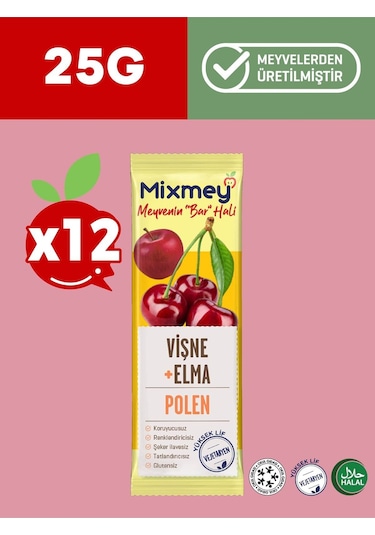 Mixmey Bee Polen Vişne Meyve Barı 12 Adet | Sağlıklı Atıştırmalıklar – Glutensiz Koruyucusuz 25gr X 12 Adet
