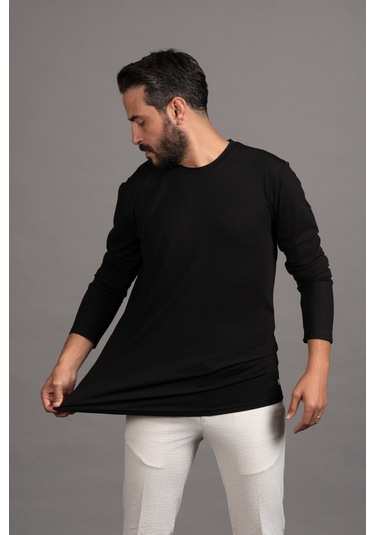 Regular Fit Bisiklet Yaka Rayon Kumaş Full Likralı Uzun Kol Sweatshirt Siyah