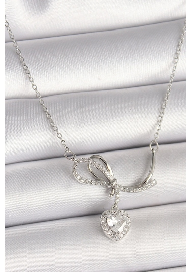 316l Çelik Gümüş Renk Zincir Zirkon Taşlı Düğüm Sallantı Kalp Figür Kadın Kolye Çok Renkli