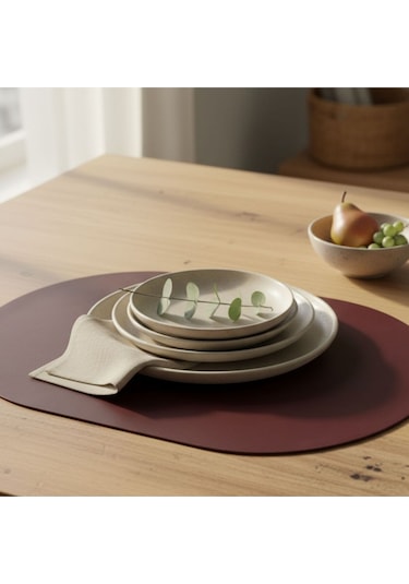 2 Adet Bordo Deri Amerikan Servis Tam Oval 33x44 Cm