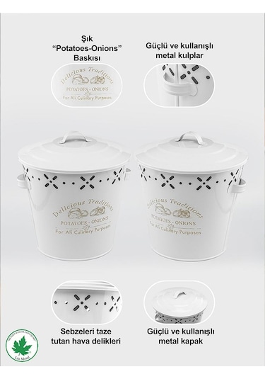 Lüx Metal Patates Soğanlık Kovası Sebze Saklama Kabı Beyaz