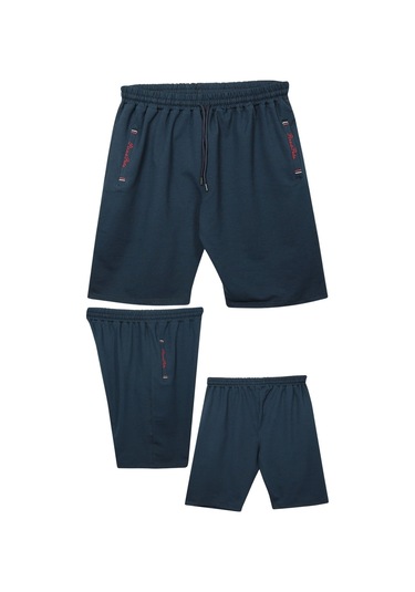 Büyük Beden 110 - 155 Kilo Arası İçin Uygun Bedenli Cepleri Nakış Detaylı Likralı Penye Erkek Şortu Lacivert