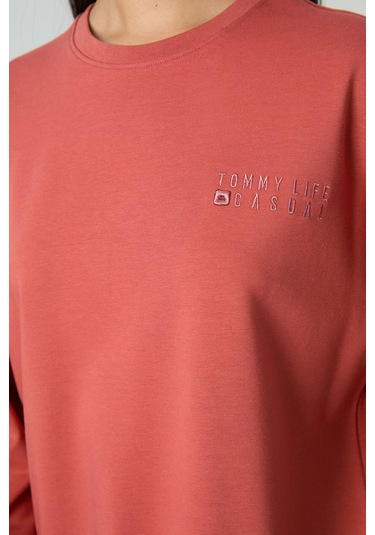 Tommy Life Tarçın Basic Pamuklu O Yaka Oversize Lastik Paça Kadın Eşofman Takım - 95287 Tarçın