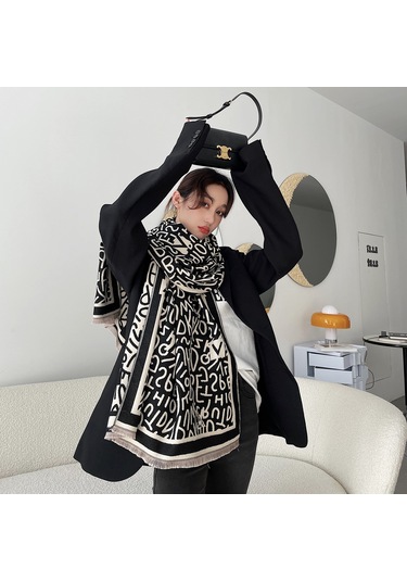 Padalink Kadınlar İçin Kışlık Çift Taraflı Pashmina Atkı - Kalın仿kashmir Desenli Eşofman Atkı Poyraz - V1101 Siyah