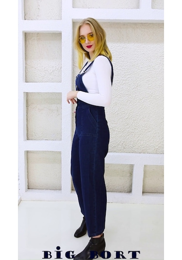 Önden Düğmeli Enzim Kot Kumaş Salopet & Tulum Mavi