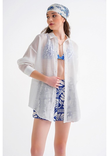 4667 Kadın İnce Oversize Modal Gömlek Beyaz Beyaz