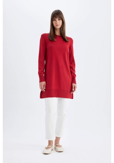 DeFacto Regular Fit Bisiklet Yaka Yırtmaçlı Basic Düz Triko Kazak Tunik H3431AZ24AURD332