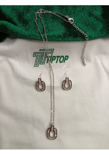 Tiptop/ Gümüş Renk Zirkon Taşlı Baget Kolye Ve Küpe Set Gümüş