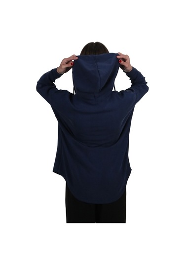 Kadın Modal Kumaş Yumuşak Dokulu Fermuarlı Rahat Kalıp Lacivert Kapüşonlu Ceket Hırka Lacivert