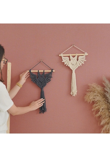 Qingmipy El Dokuma Yemeni Kanatlı Figürlü Bitki Asma Sepeti, Bej Uzun Tip Akrilik Örgü Duvar Dekoru Bej