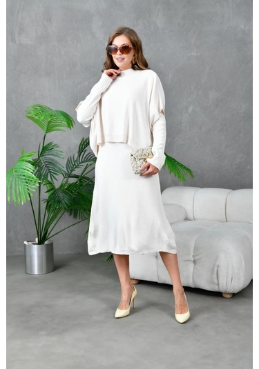 Kadın Dik Yaka Kısa Kol Kazak Uzun Elbise İkili Triko Takım Taş