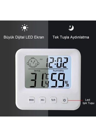 UpWay Dijital LCD Masaüstü Saat Sıcaklık Nem Konfor Alarm Led Işı