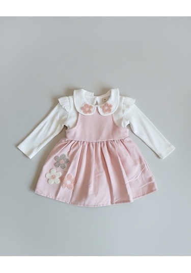 Papatya Nakışlı Bebek Yaka Süzene Elbise Pembe