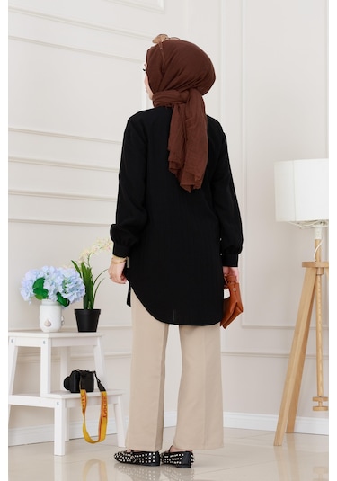 Sevitli Göğüsü Taş Detaylı Oversize Tunik-siyah-5225 Siyah