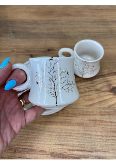 Hayat Ağacı Desenli El Yapımı Seramik Kupa, Mug, Türk Kahvesi