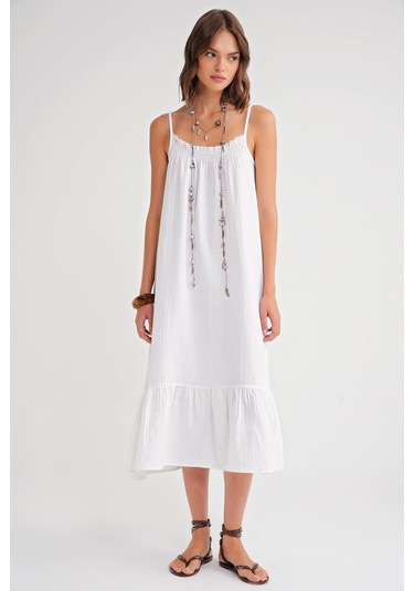 4740 Kadın Askılı Müslin Midi Elbise Beyaz Beyaz