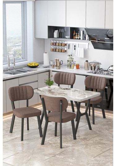 Parla 70x110cm Efes Mutfak Masası, Mutfak Masası Takımı, Yemek Masası, 4 Kahverengi Sandalye Kahverengi