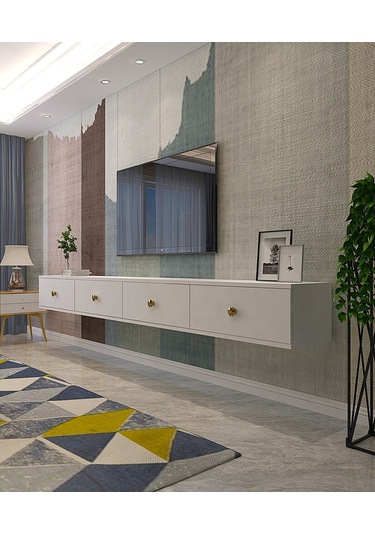 Tda2401bg - Zuzu Double Duvara Montaj Tv Stand Beyaz-gold 240cm Beyaz